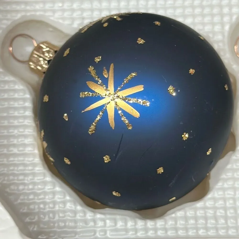Vintage Sears “Celebrate the Season” Blue Star Glass Ornaments Gold Crown Accent